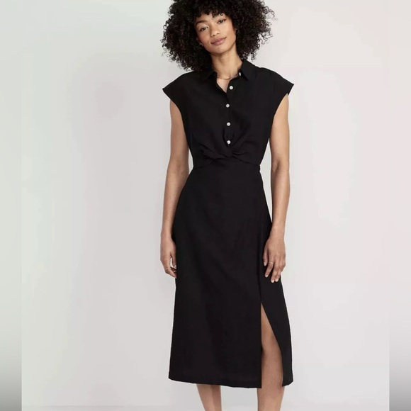 Old Navy Dresses & Skirts - Old Navy Black Twist-Front Waist-Defined Midi Shirt Dress Size M